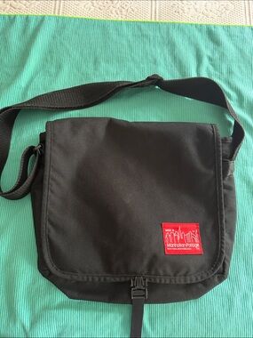 Manhattan Portage Black Messenger Bag with Red Logo Patch